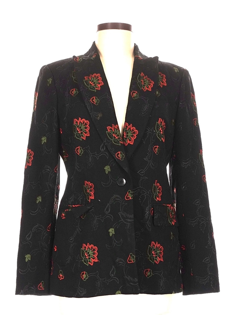 Vintage 90s Oscar by Oscar de la Renta Black Wool Embroidered Floral Blazer 6 - Picture 4 of 16